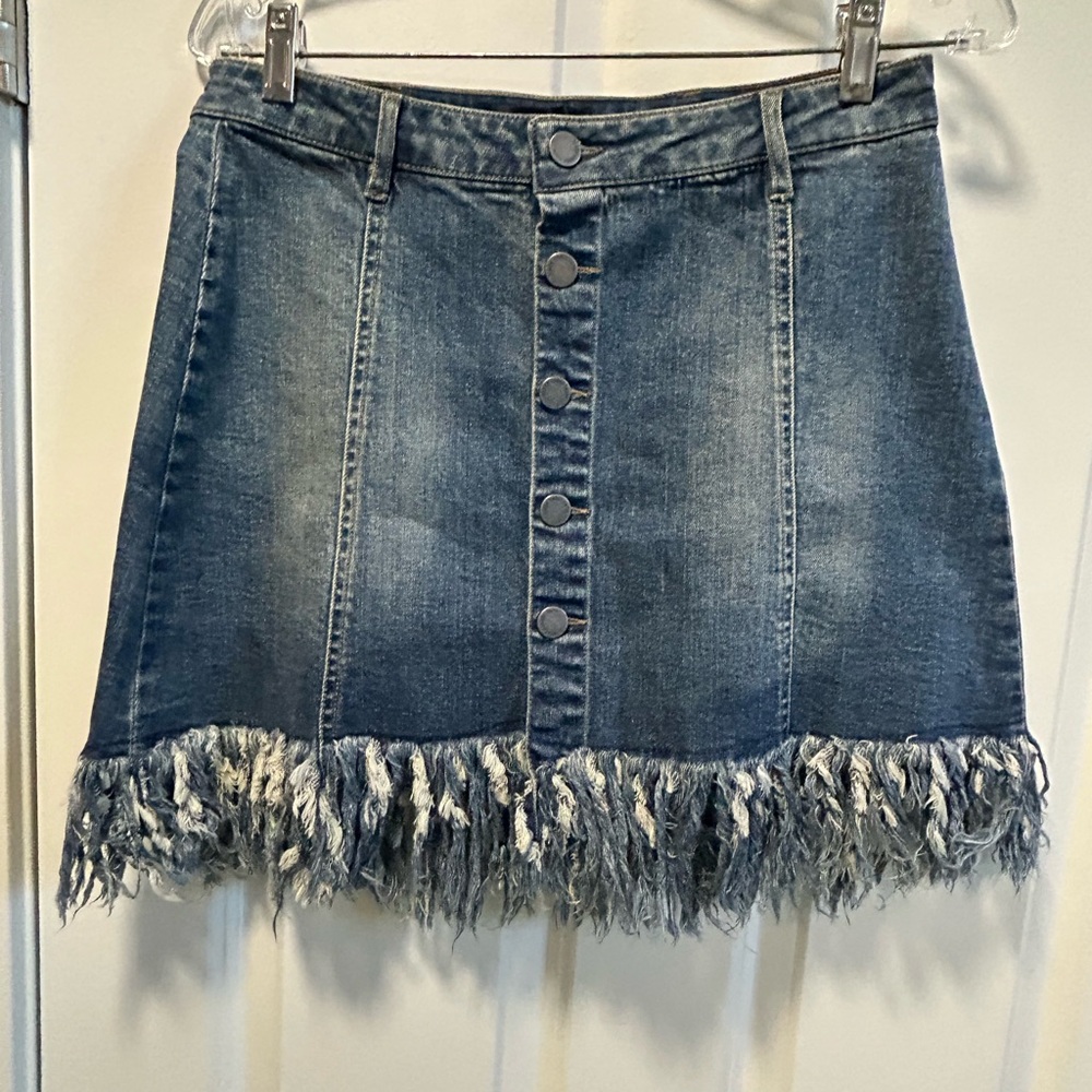 Black label denim miniskirt with fringe